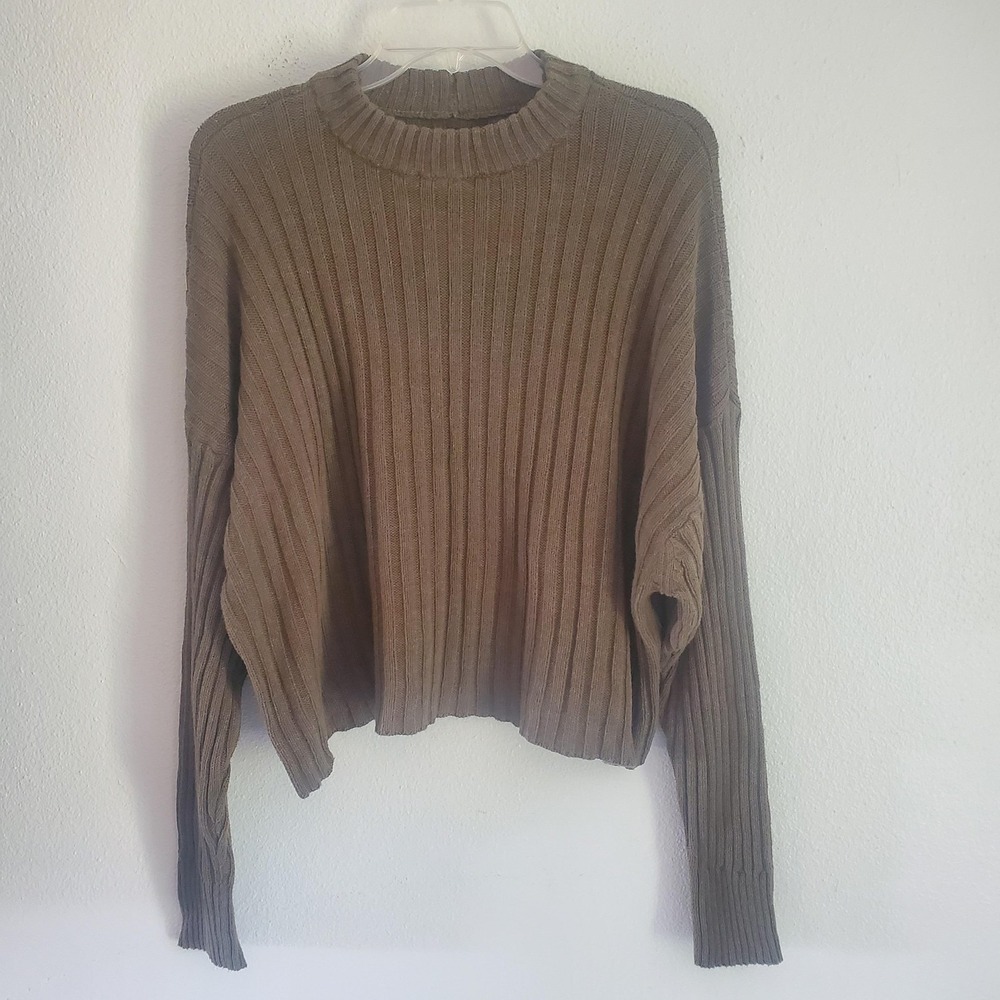 American Eagle Sweater Women XL Olive Green Ribbed‎ Pullover Crewneck Relaxed